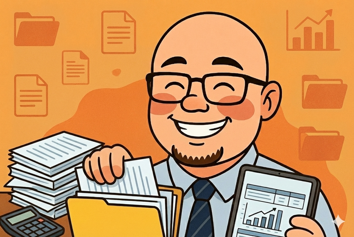 HatStacked character in a blue shirt and tie organizing piles of business records and inventory data at a desk against an orange background.