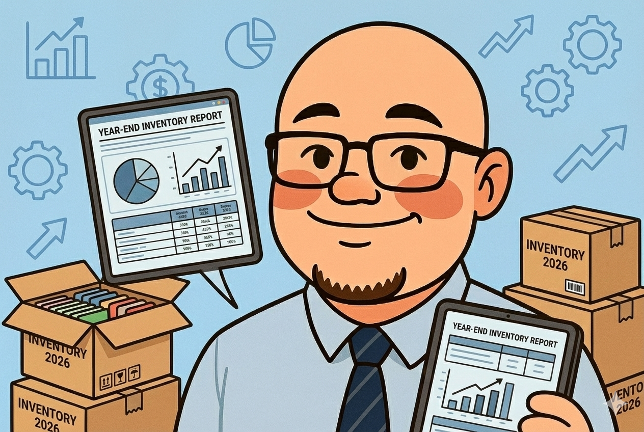 HatStacked character balancing a precarious stack of inventory boxes and ledgers on his head for year-end planning.