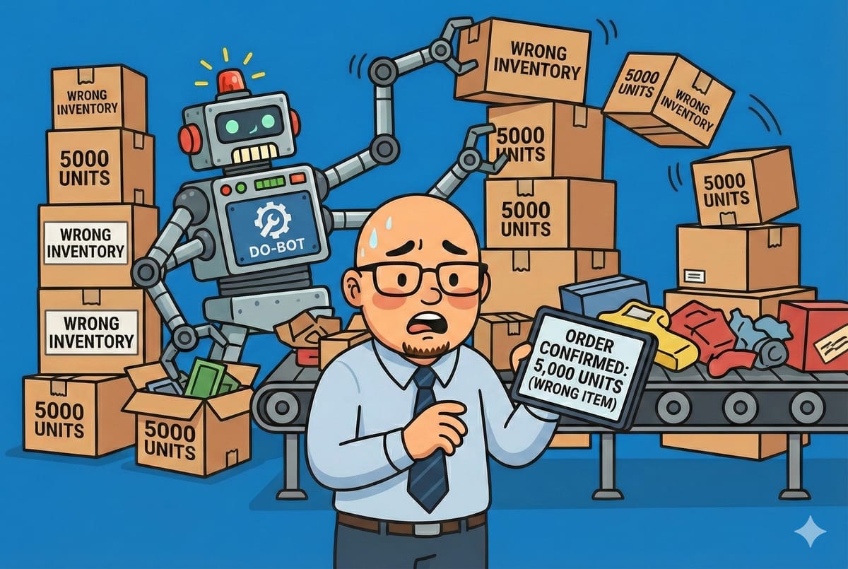 HatStacked character relaxing with feet on the desk while three smaller robot versions of him file papers, type on a laptop, and answer a phone.