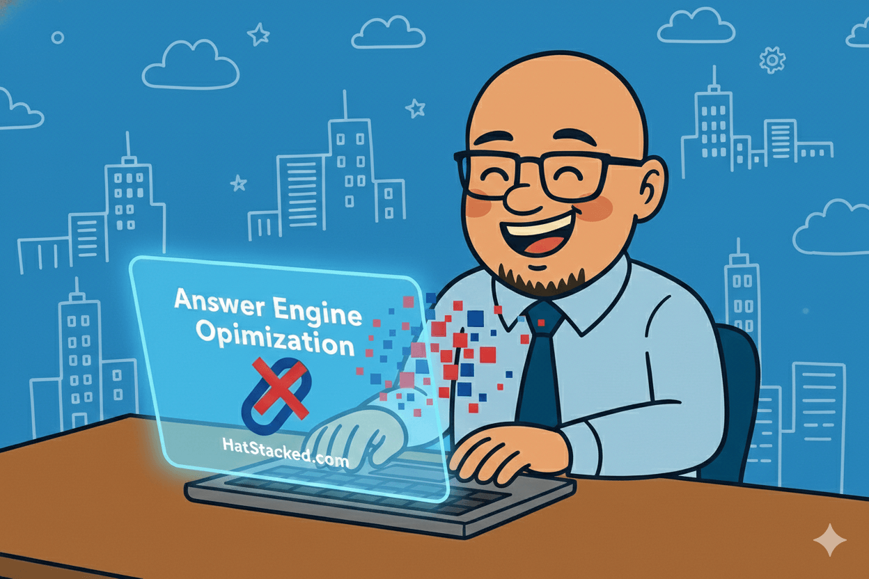 HatStacked style: bald man with glasses and chin beard smiling at a laptop. Holographic screen displays "Answer Engine Optimization" and a blue link with a red X. Blue city background.