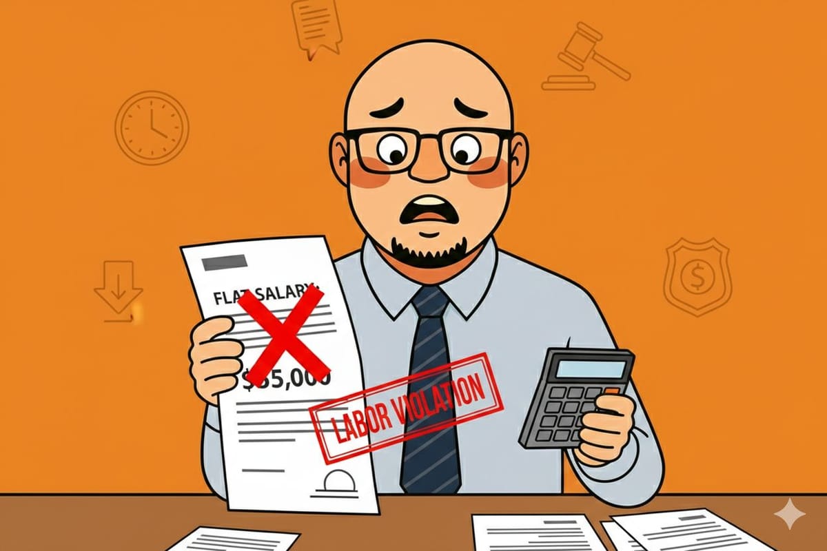 A stressed business owner at a desk piled with time cards, representing the legal risks of mismanaged employee salary and overtime compliance.